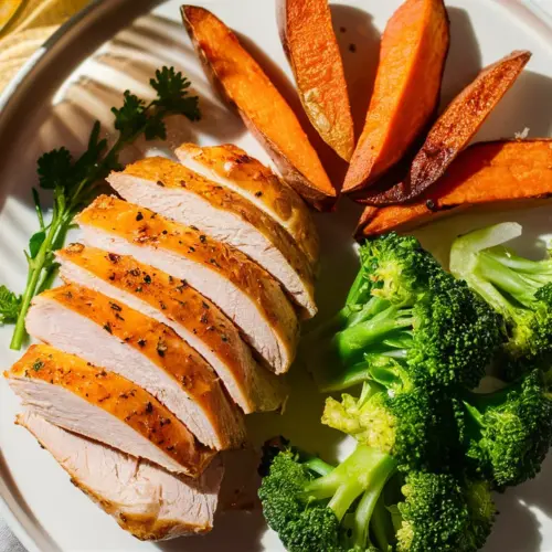 baked chicken sweet potato chunks and broccoli