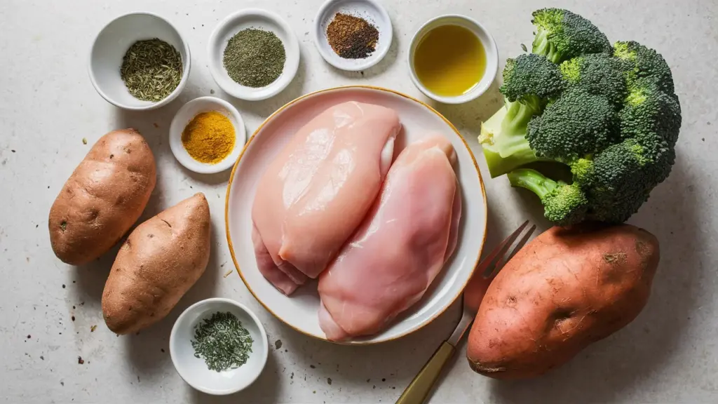 baked chicken with sweet potato and broccoli