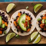 black bean and sweet potato tacos with avocado salsa