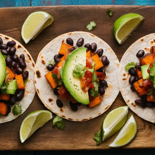 black bean and sweet potato tacos with avocado salsa