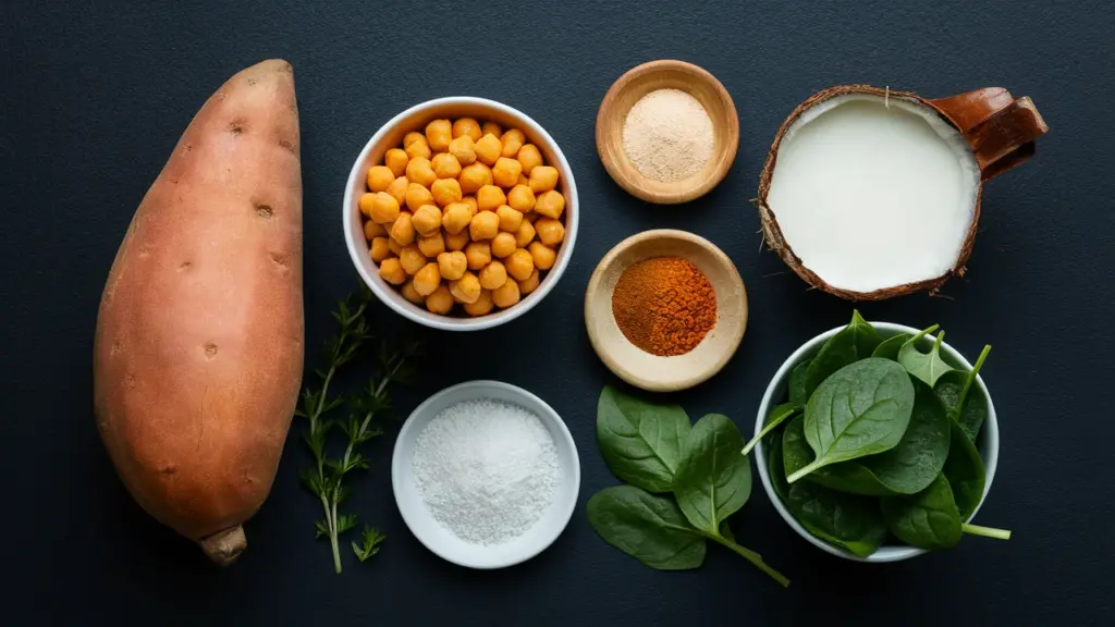 ingredients for sweet potato and chick pea curry