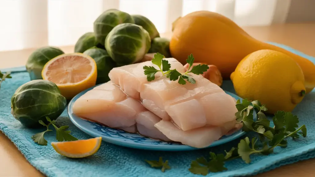 fresh ingredients cod brussels sprouts squash lemon herbs