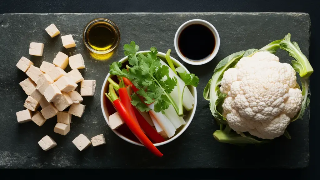 ingredients cubed tofu -cauliflower head soy sauce vegetables