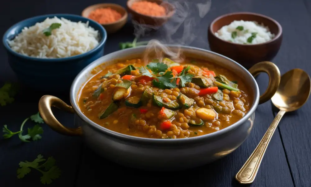 lentils brown rice curry and veggies