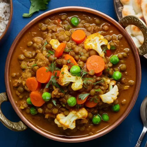 overhead curry lentils veggies rice bread