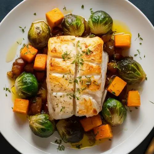 roasted cod fillet with brussels sprouts and butternut squash