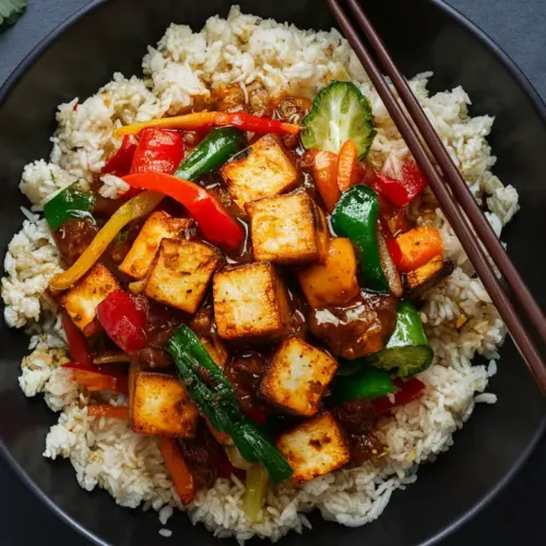 stir fry tofu cubes over cauliflower rice