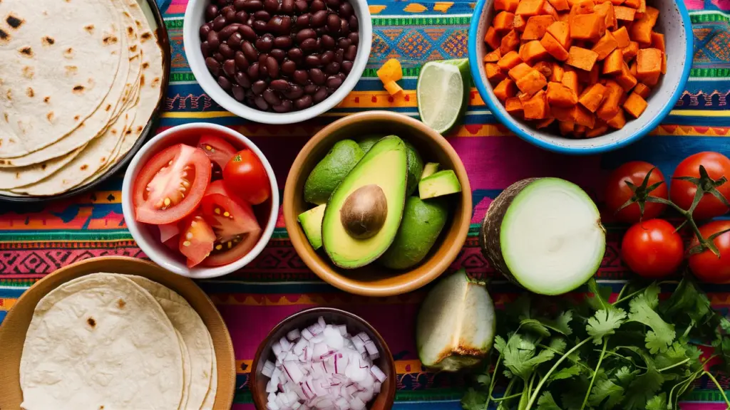 taco ingredients tortillas beans avocado onions