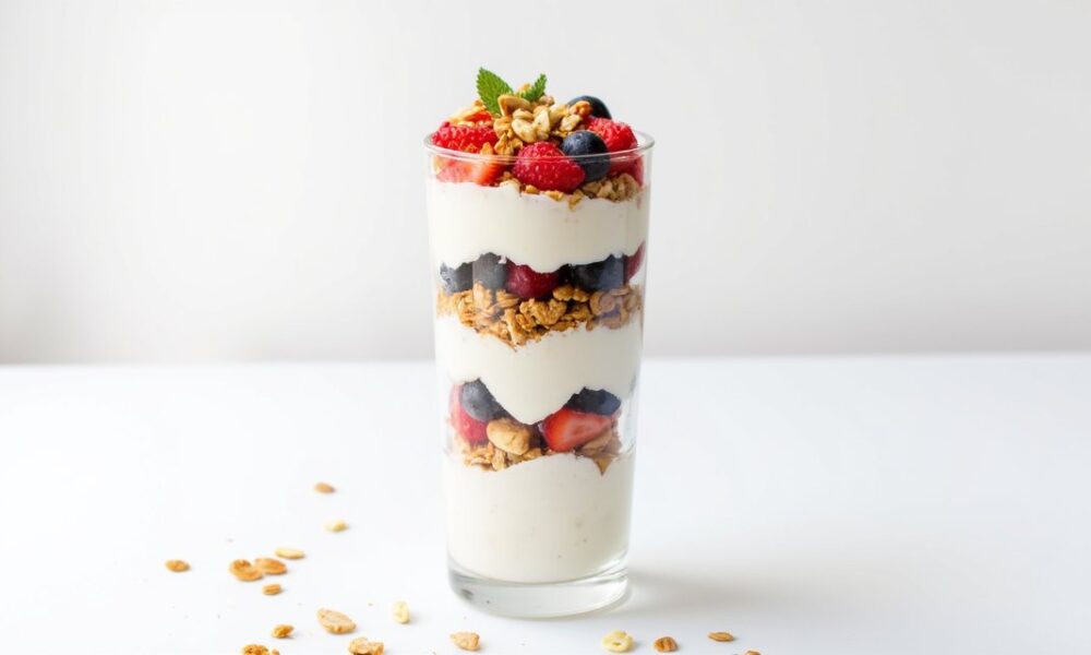 greek yogurt parfait with berries and granola featured 1