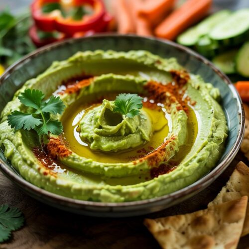 beautifully styled bowl of creamy green avocado hummus