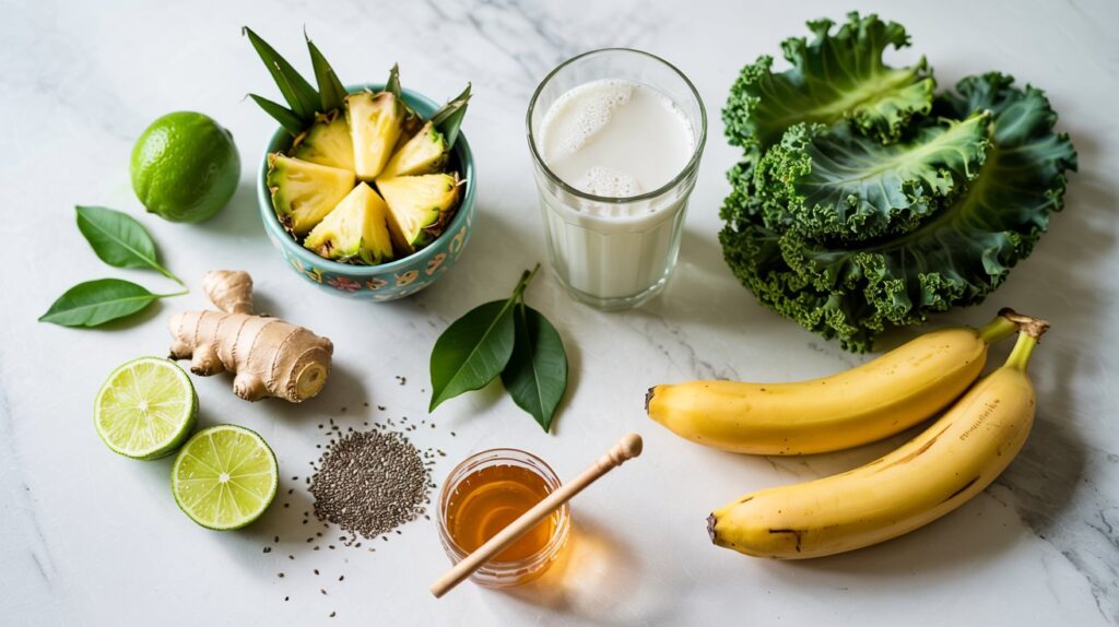 green smoothie with kale and pineapple ingredients
